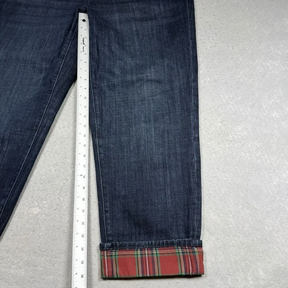 Talbots Everyday Relaxed Jean Size 14 Blue Indigo Plaid Cuff Ankle Flannel Lined